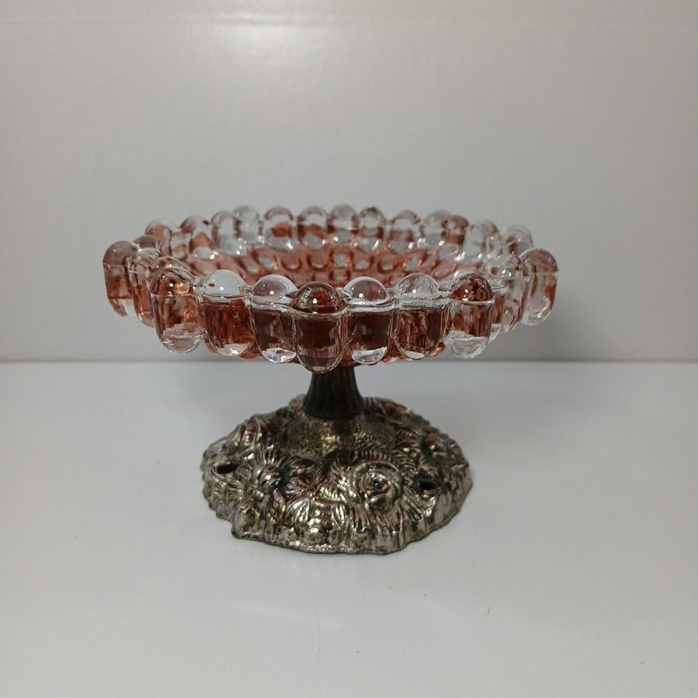 Gemacc Dish Bowl Pedestel Ruby Pink Flash Bubble Glass